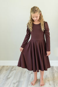 Burgundy Puff Sleeve Twirl Dress for girls