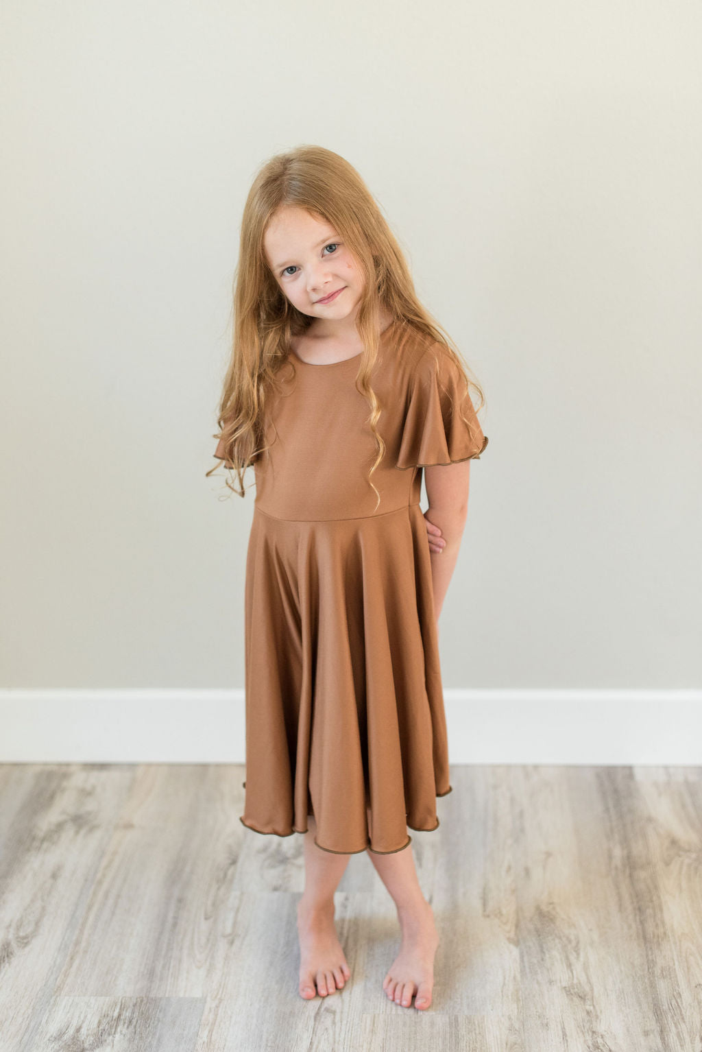 Camel Twirl Dress with Bell Sleeves