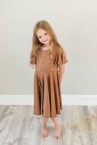 Camel Twirl Dress with Bell Sleeves