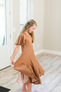Camel Twirl Dress with Bell Sleeves