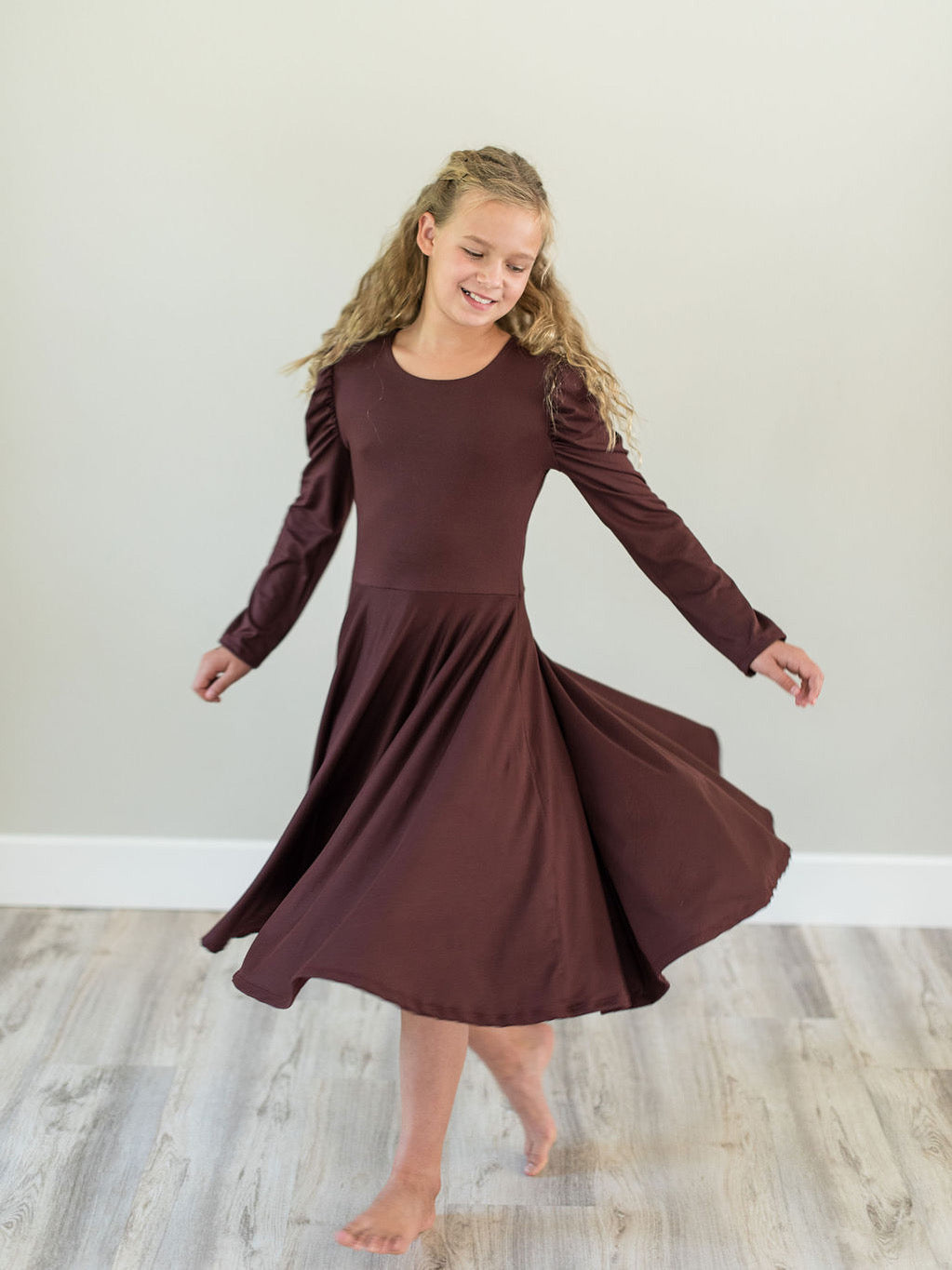 Burgundy Puff Sleeve Twirl Dress for girls