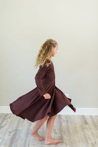 Burgundy Puff Sleeve Twirl Dress for girls