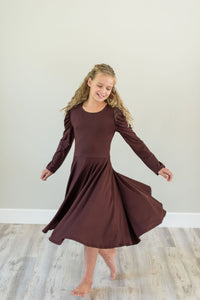 Burgundy Puff Sleeve Twirl Dress for girls
