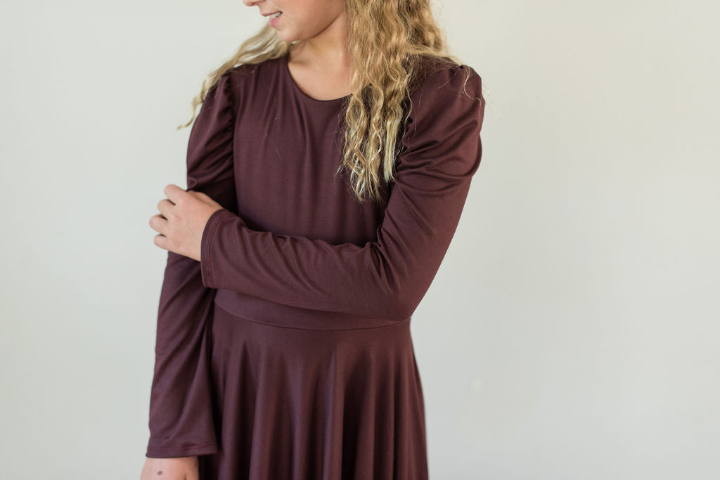 Burgundy Puff Sleeve Twirl Dress for girls