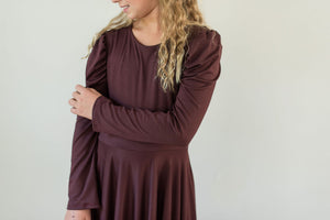 Burgundy Puff Sleeve Twirl Dress for girls