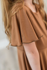 Camel Twirl Dress with Bell Sleeves