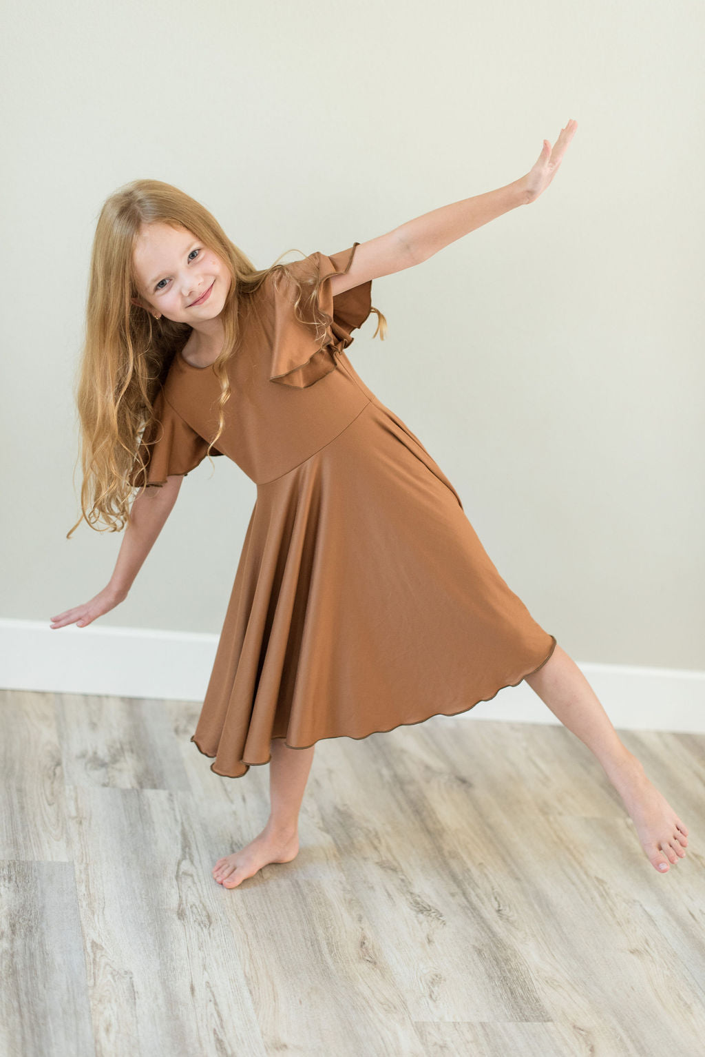 Camel Twirl Dress with Bell Sleeves