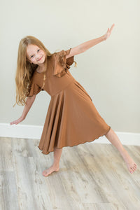 Camel Twirl Dress with Bell Sleeves